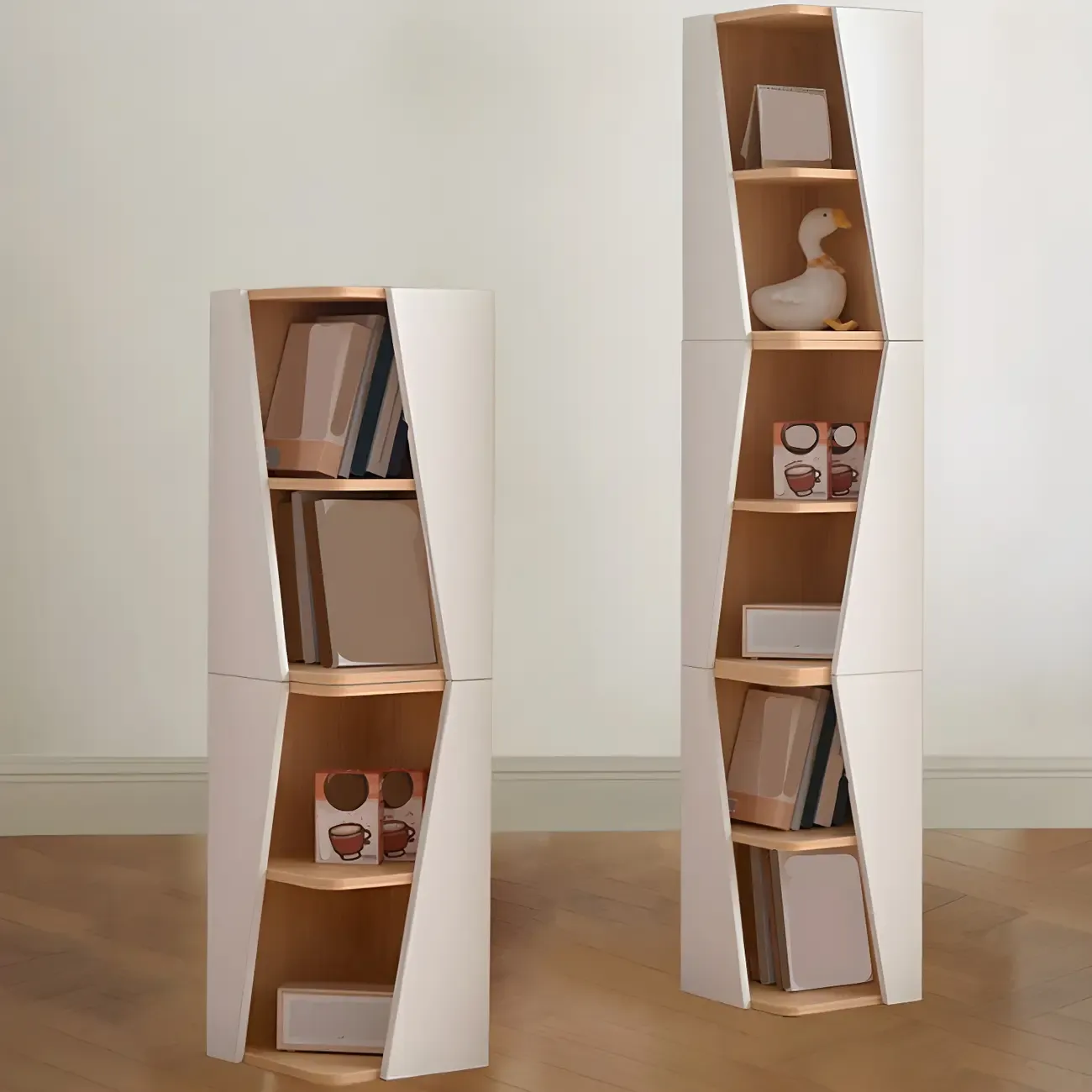 Artistic Modern White Wooden Corner Bookcase  Image - 5