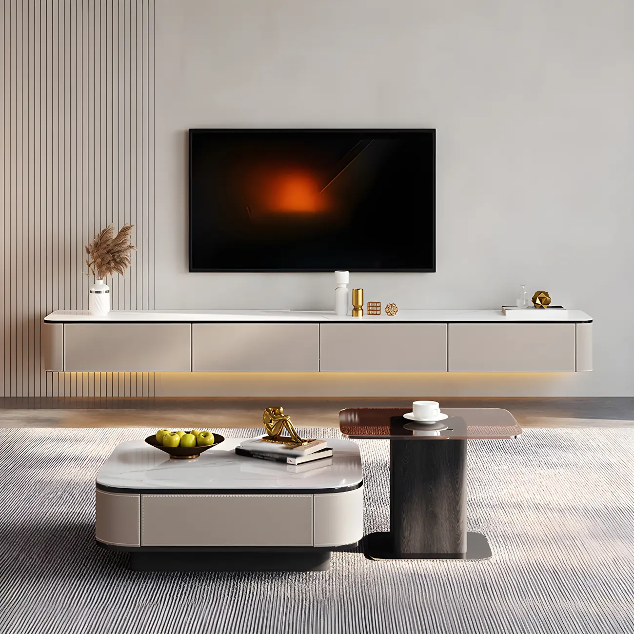 Minimalist White Stone Floating TV Stand with 4-Drawers Storage Image - 1 | homeyfad