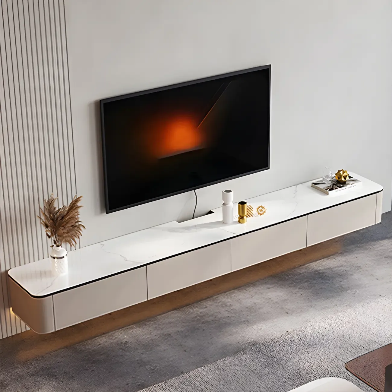 Minimalist White Stone Floating TV Stand with 4-Drawers Storage Image - 6