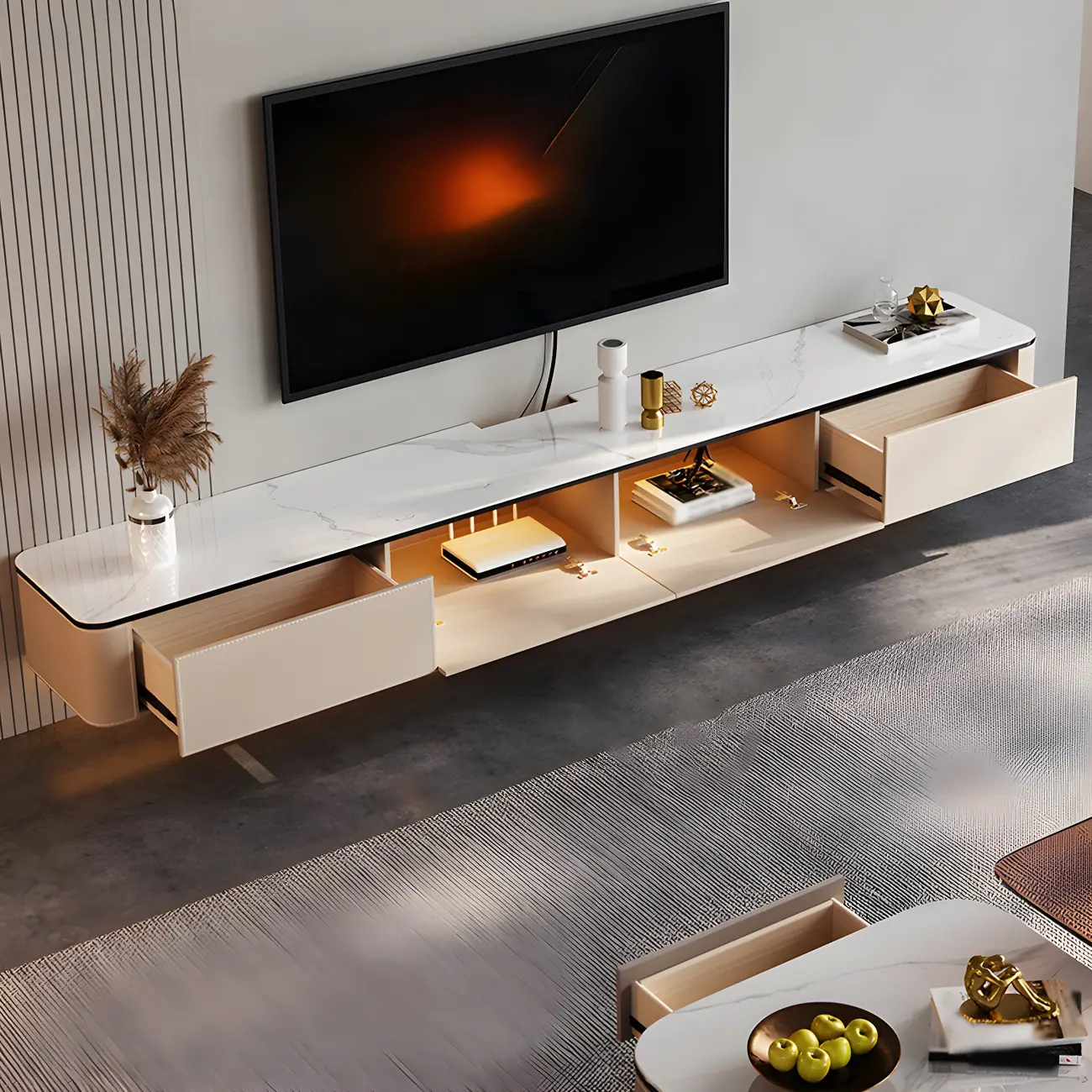 Minimalist White Stone Floating TV Stand with 4-Drawers Storage Image - 2 | homeyfad