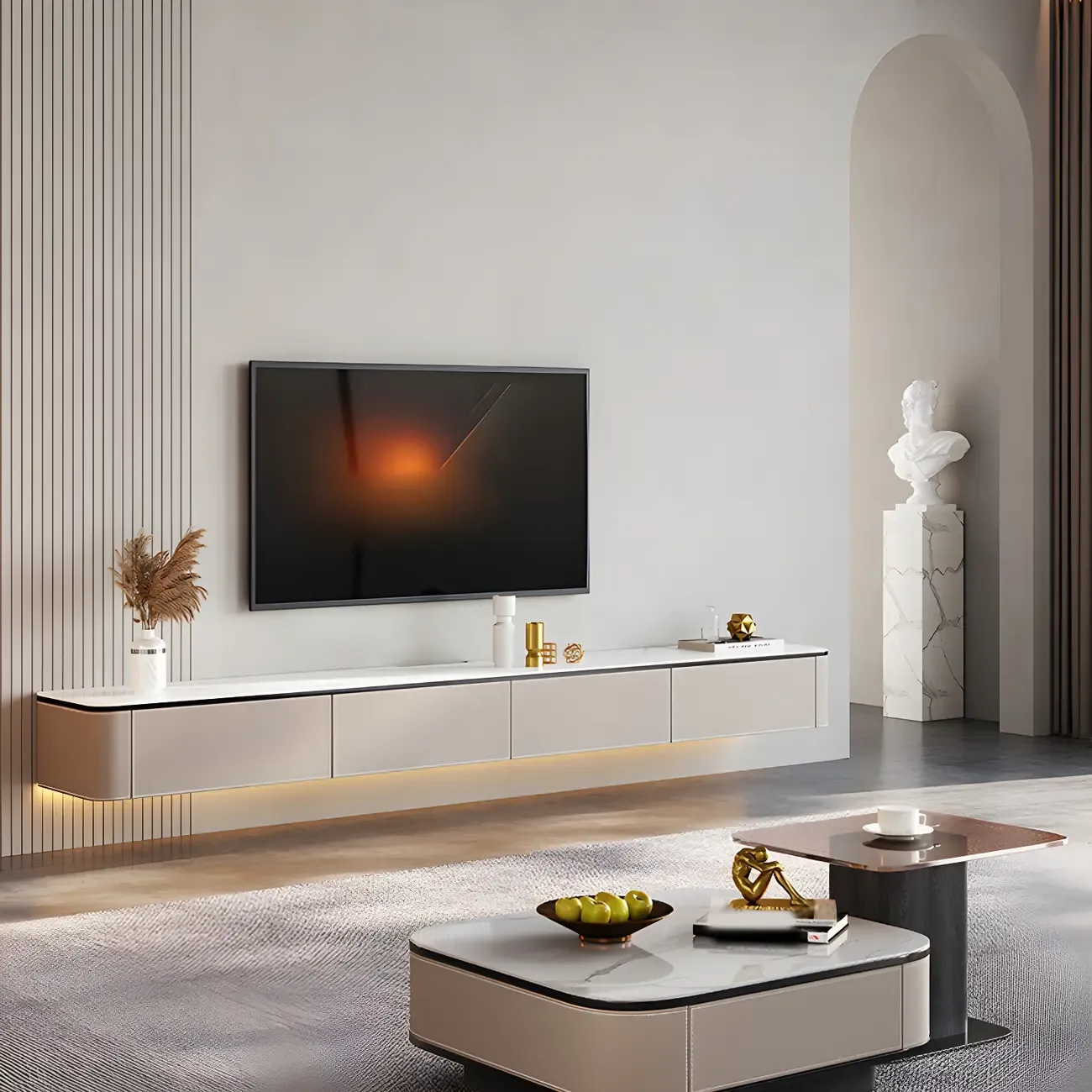 Minimalist White Stone Floating TV Stand with 4-Drawers Storage Image - 3