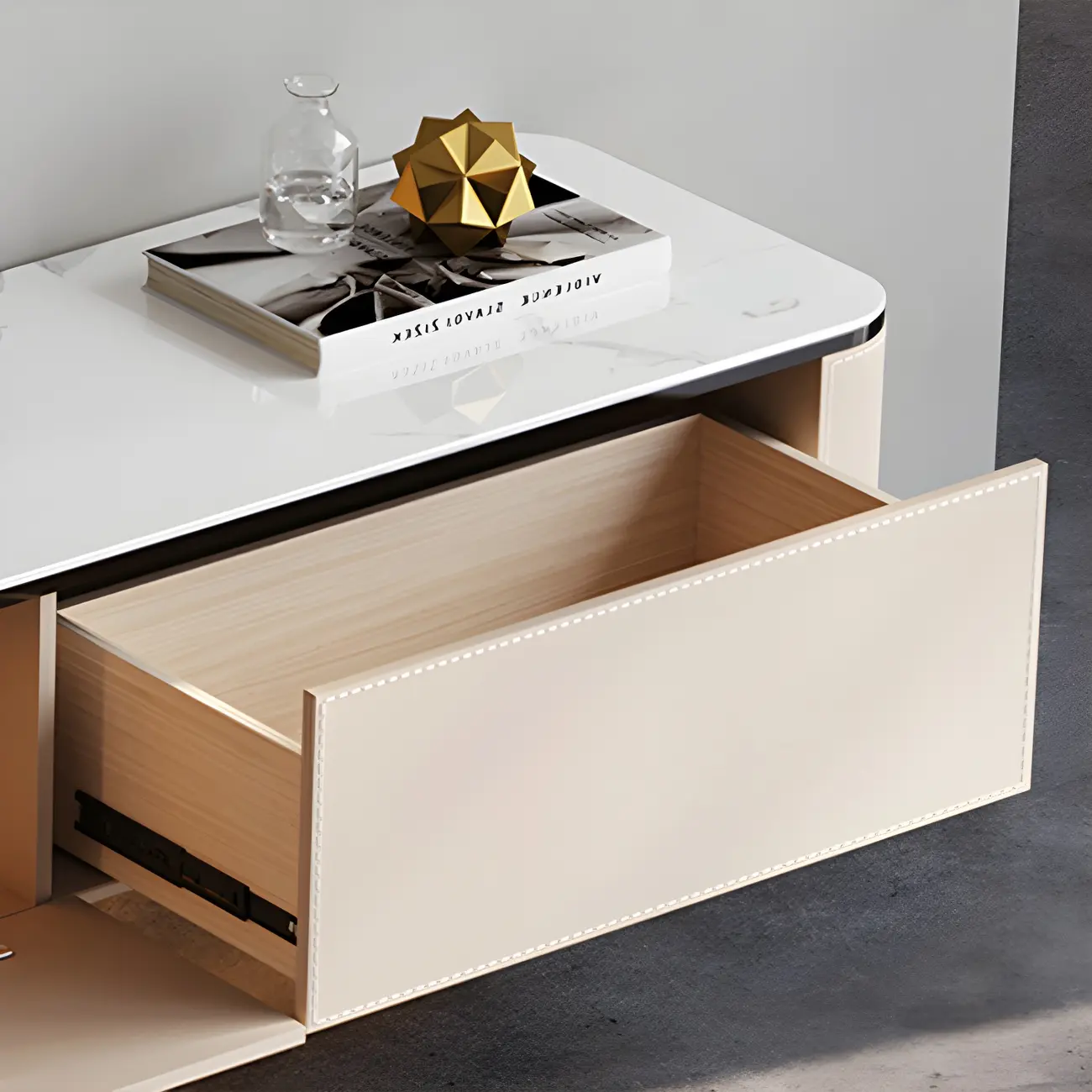 Minimalist White Stone Floating TV Stand with 4-Drawers Storage Image - 8 | homeyfad