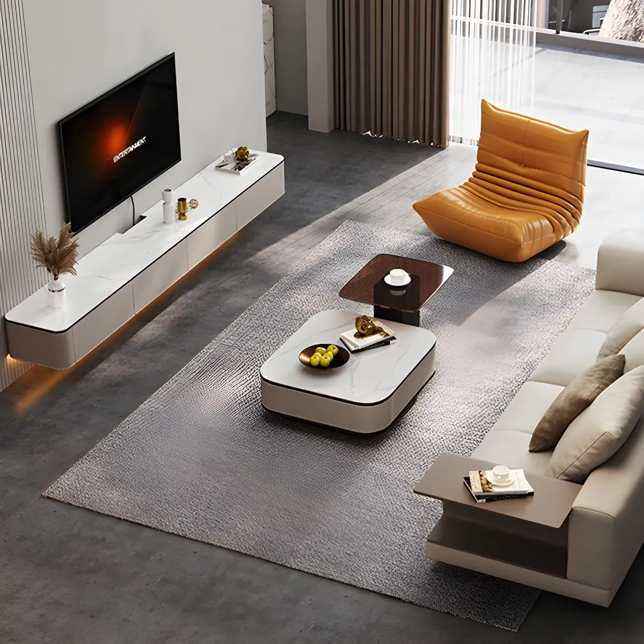 Minimalist White Stone Floating TV Stand with 4-Drawers Storage Image - 12