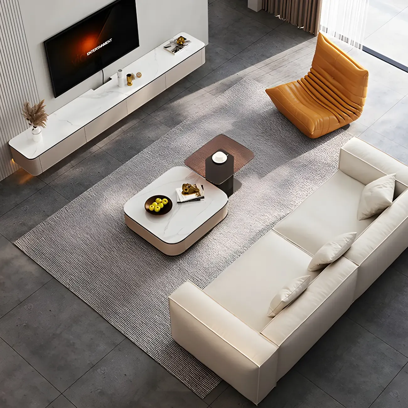 Minimalist White Stone Floating TV Stand with 4-Drawers Storage Image - 13