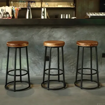 Backless Industrial Round Wooden Bar Stools Image - 1