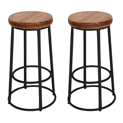 Backless Industrial Round Wooden Bar Stools Image - 3