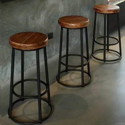 Backless Industrial Round Wooden Bar Stools Image - 4