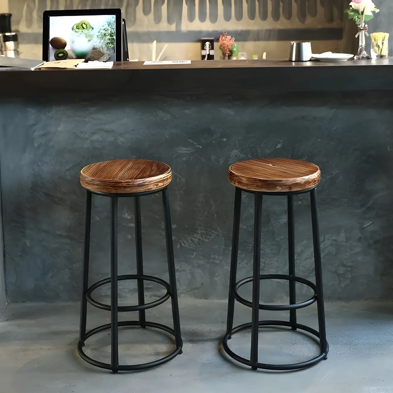 Backless Industrial Round Wooden Bar Stools Image - 6 | homeyfad