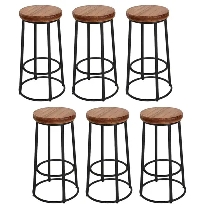 Backless Industrial Round Wooden Bar Stools Image - 7