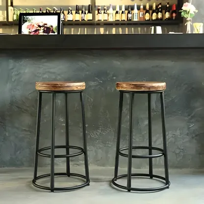 Backless Industrial Round Wooden Bar Stools Image - 8