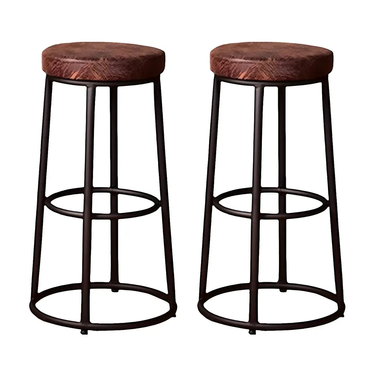 Backless Industrial Round Wooden Bar Stools Image - 13