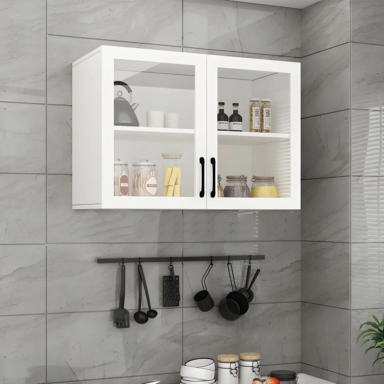 White Rectangular Wall-Mounted Wood Display Cabinet Image - 4 | homeyfad