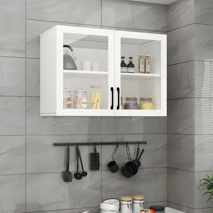 White Rectangular Wall-Mounted Wood Display Cabinet Image - 4