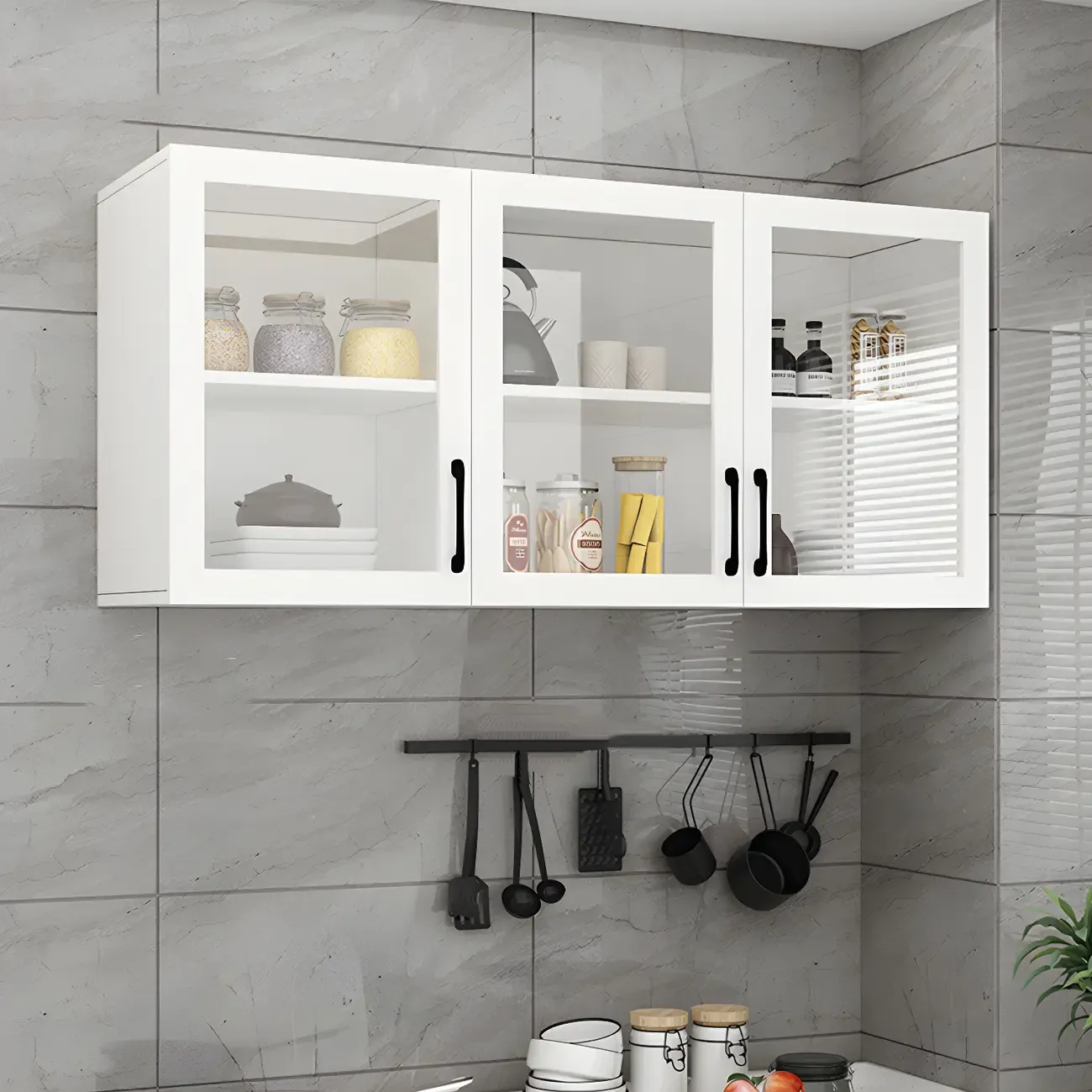 White Rectangular Wall-Mounted Wood Display Cabinet Image - 6