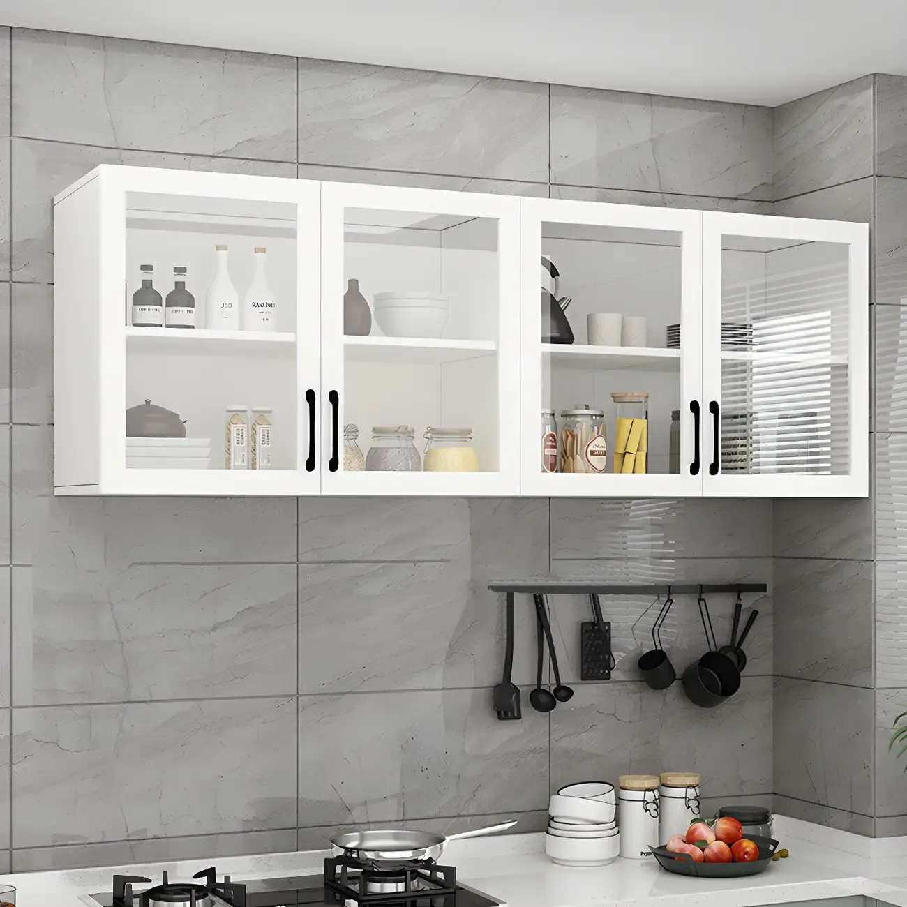 White Rectangular Wall-Mounted Wood Display Cabinet Image - 7