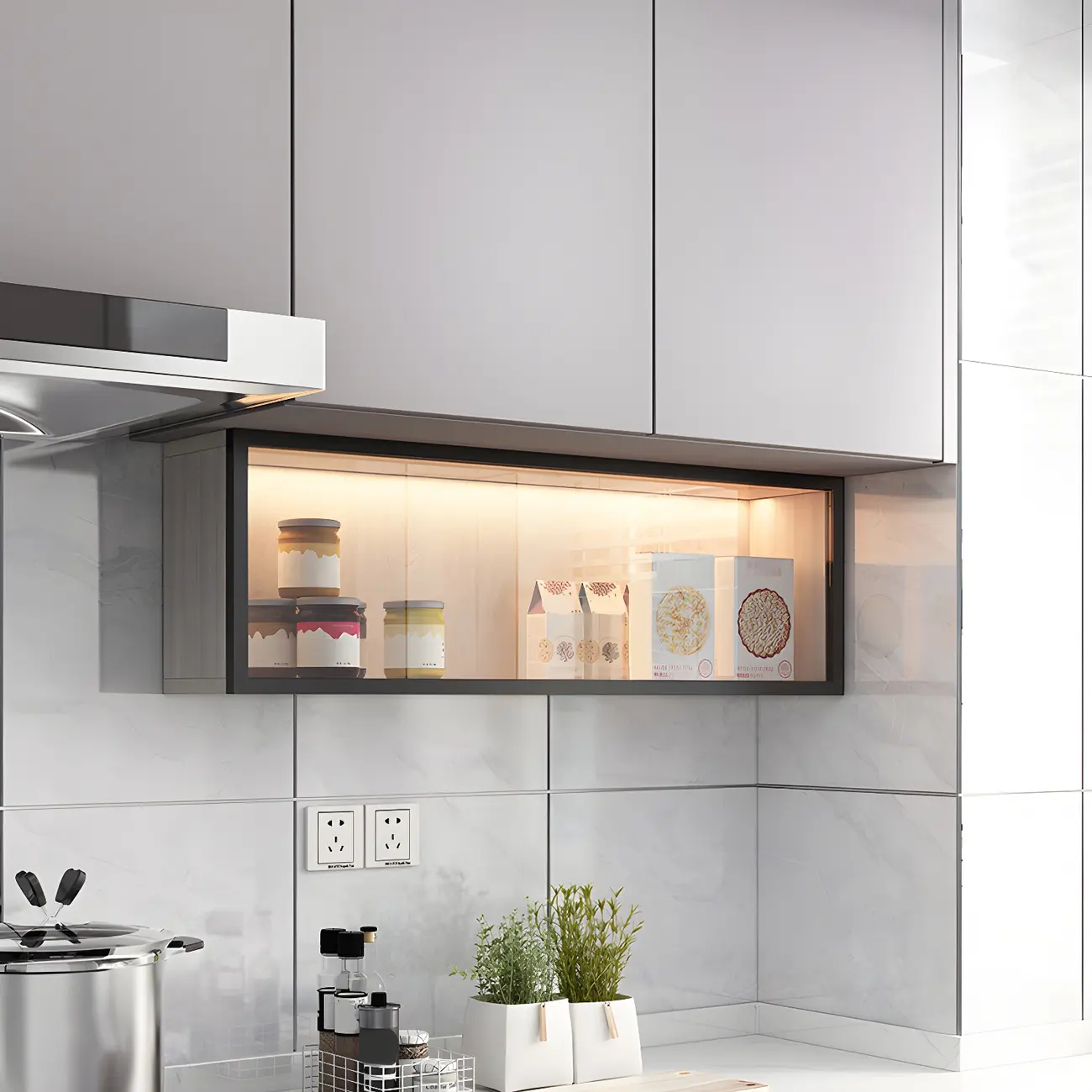 Modern Grey Wood Glass Door Wall-Mounted Display Cabinet Image - 1 | homeyfad