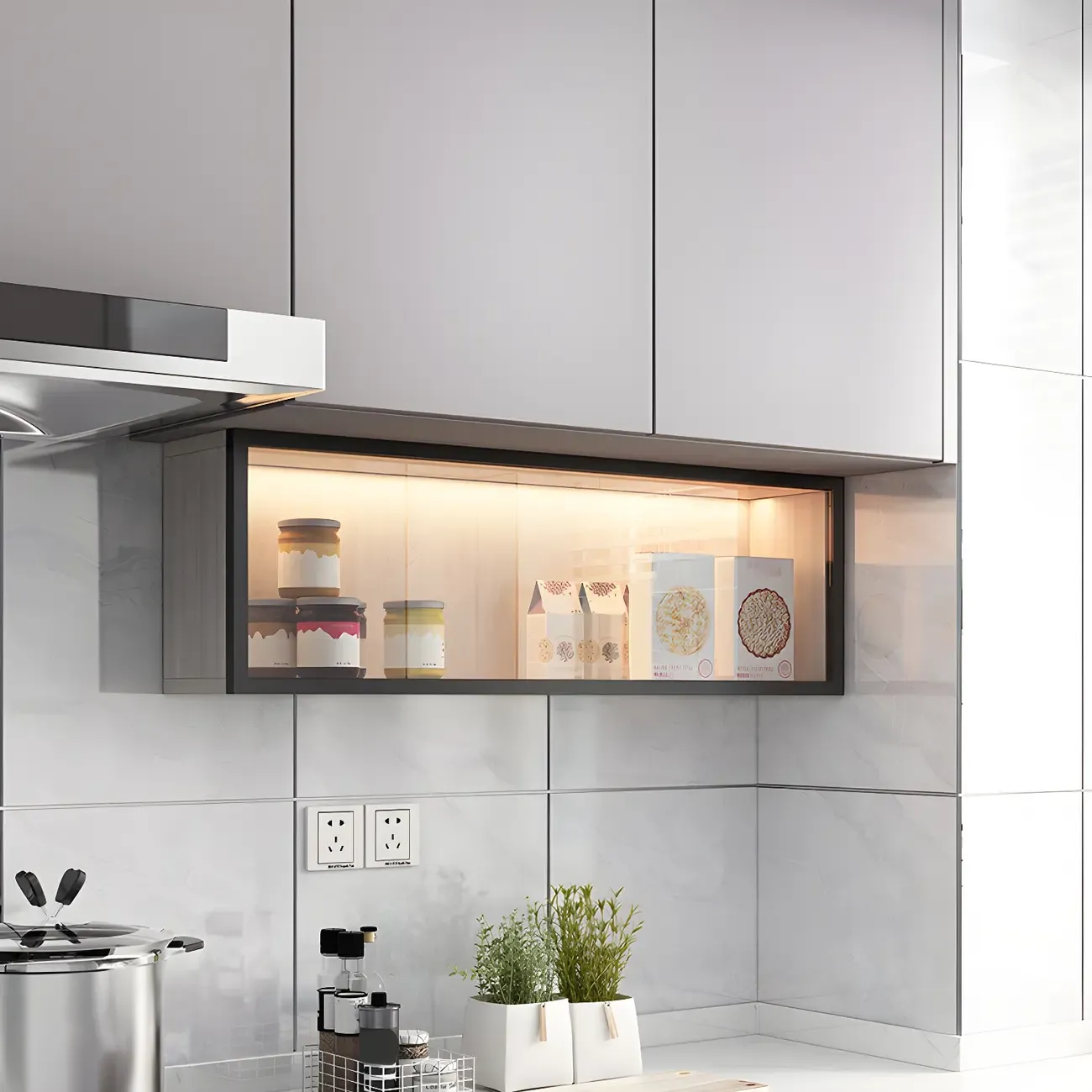 Modern Grey Wood Glass Door Wall-Mounted Display Cabinet Image - 1