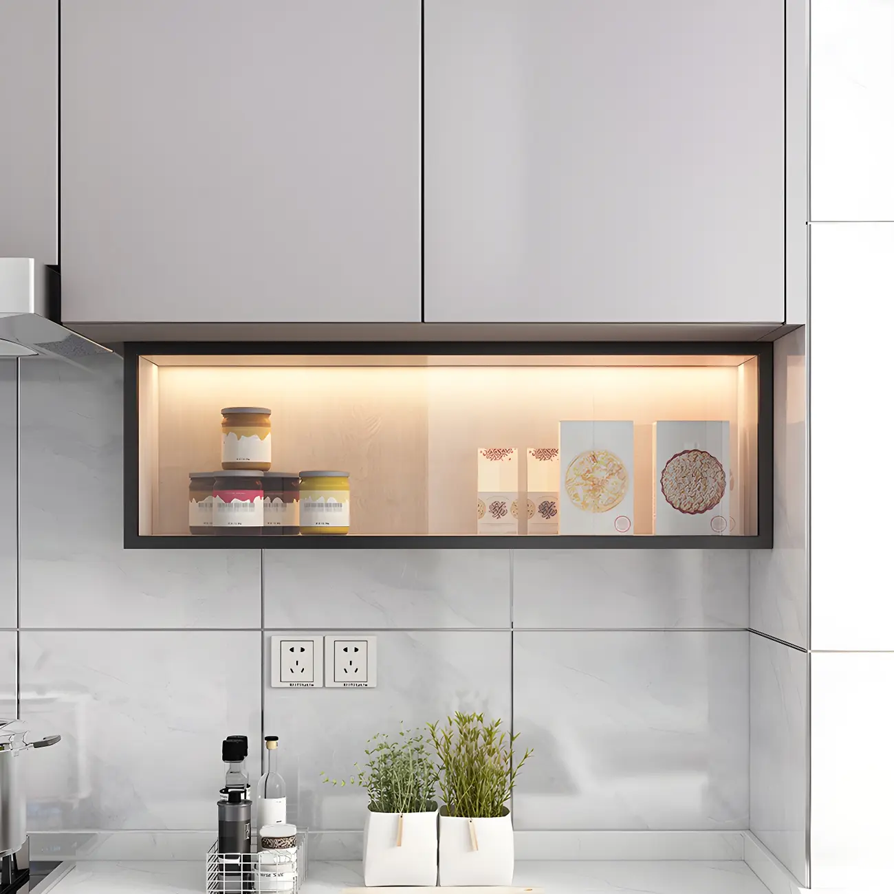 Modern Grey Wood Glass Door Wall-Mounted Display Cabinet Image - 2 | homeyfad