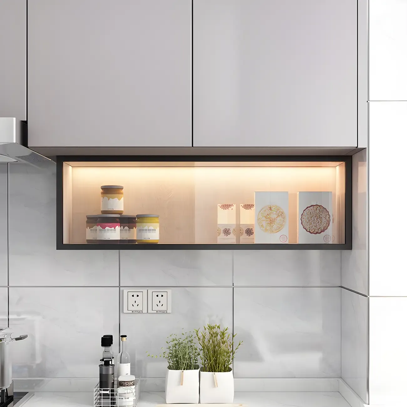 Modern Grey Wood Glass Door Wall-Mounted Display Cabinet Image - 2