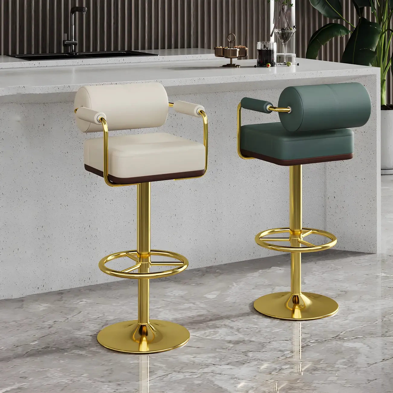 Stylish Leather Adjustable Bar Stools with Backrest for Home Bar Image - 3