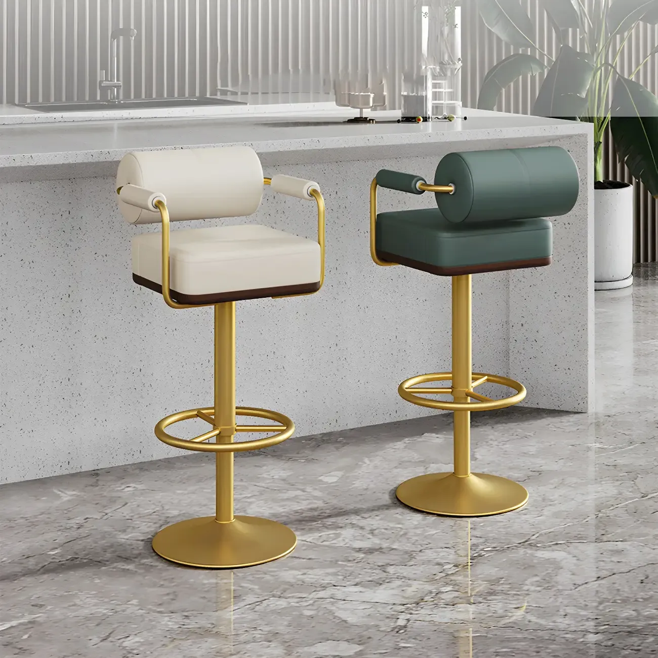 Stylish Leather Adjustable Bar Stools with Backrest for Home Bar Image - 1