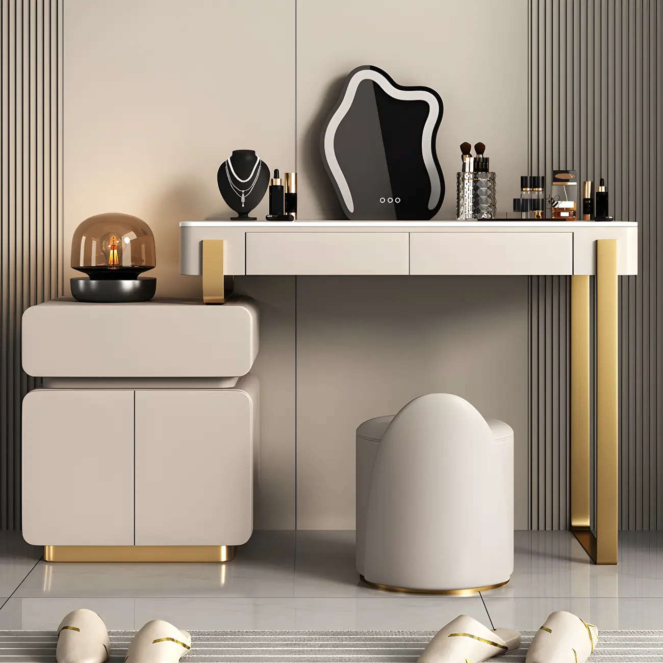 Grey Wood Gold Legs Storage Makeup Vanity Image - 1 | homeyfad