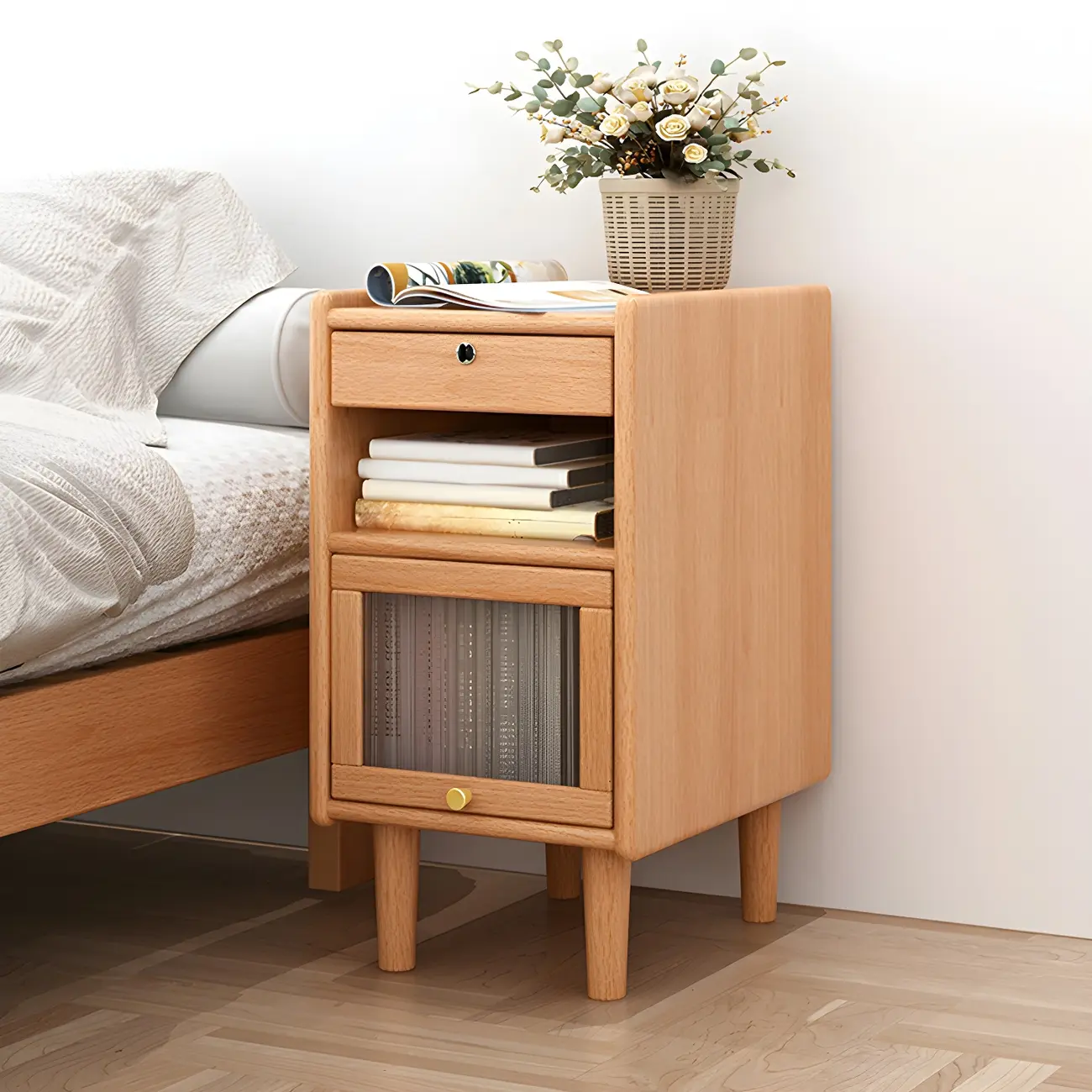 Scandinavian Narrow Lockable Wood Nightstand with Storage Image - 1 | homeyfad