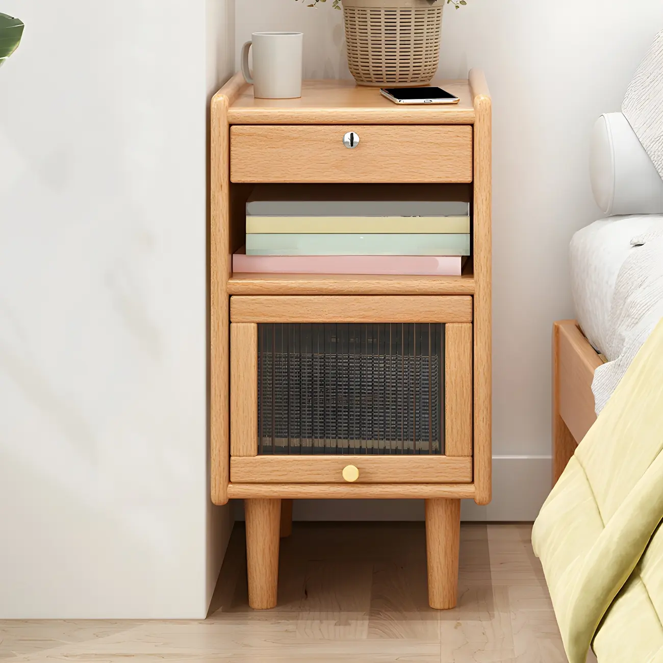 Scandinavian Narrow Lockable Wood Nightstand with Storage Image - 2 | homeyfad