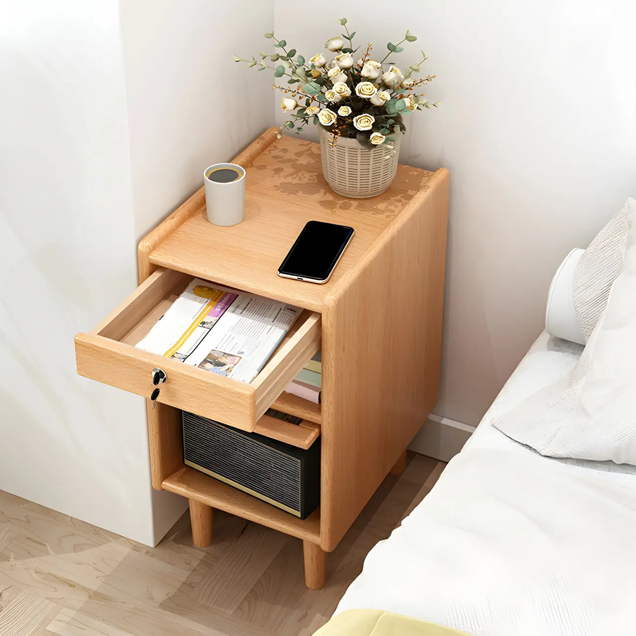 Scandinavian Narrow Lockable Wood Nightstand with Storage Image - 3 | homeyfad