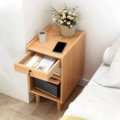 Scandinavian Narrow Lockable Wood Nightstand with Storage Image - 3