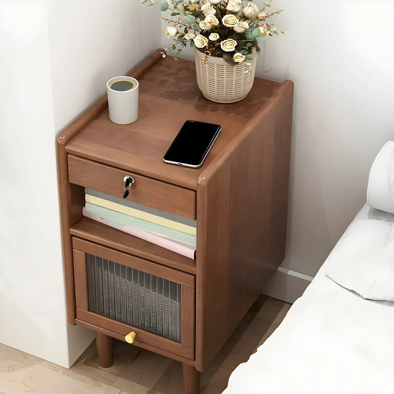 Scandinavian Narrow Lockable Wood Nightstand with Storage Image - 10