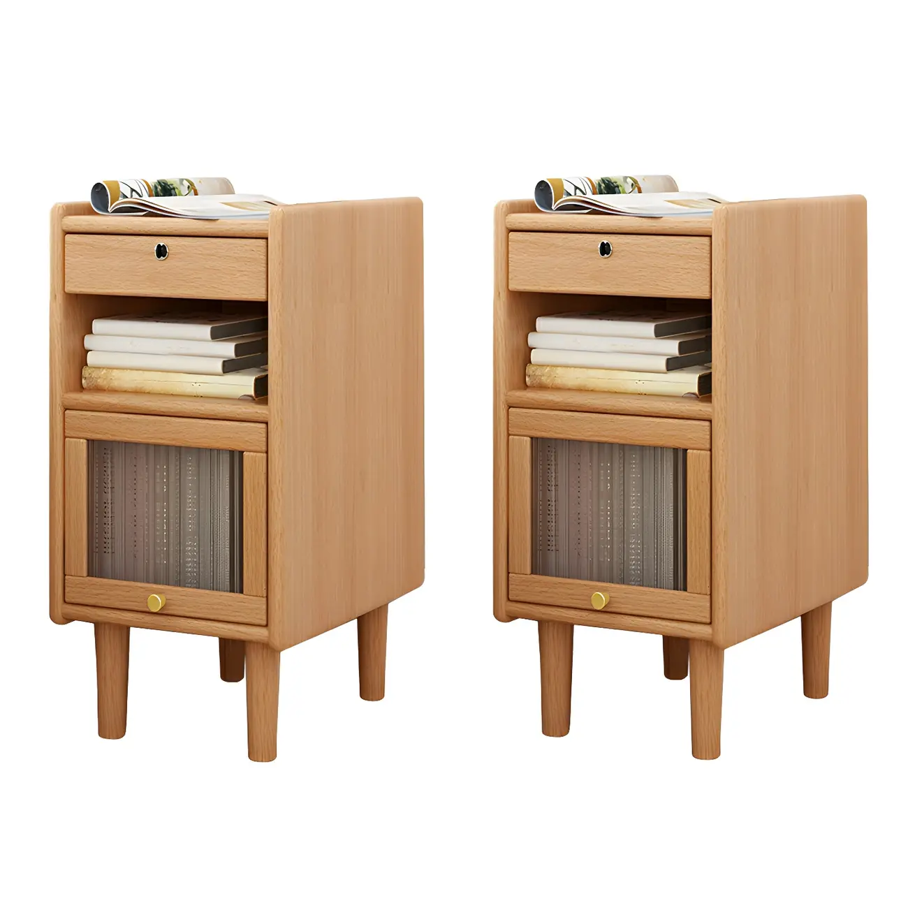 Scandinavian Narrow Lockable Wood Nightstand with Storage Image - 13 | homeyfad