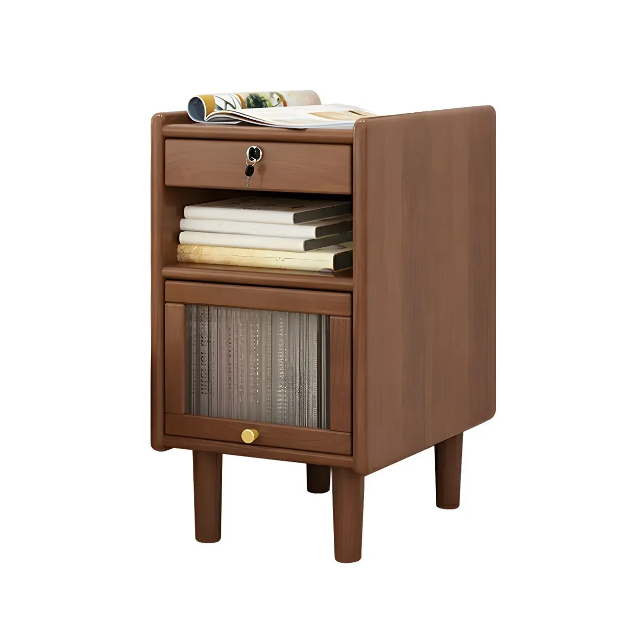Scandinavian Narrow Lockable Wood Nightstand with Storage Image - 11