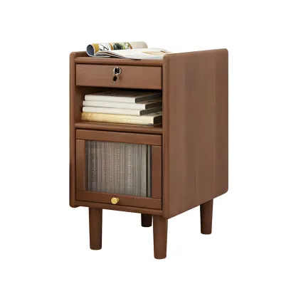 Scandinavian Narrow Lockable Wood Nightstand with Storage Image - 11