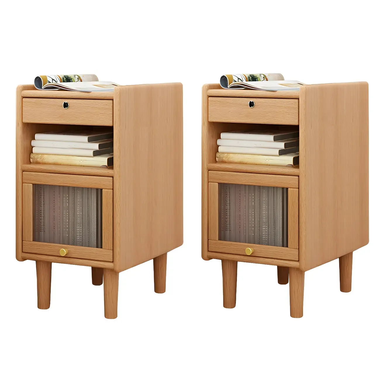 Scandinavian Narrow Lockable Wood Nightstand with Storage Image - 14