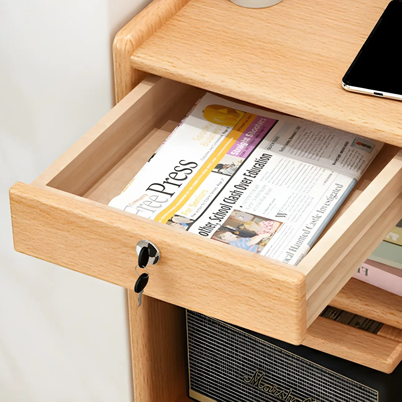 Scandinavian Narrow Lockable Wood Nightstand with Storage Image - 4 | homeyfad