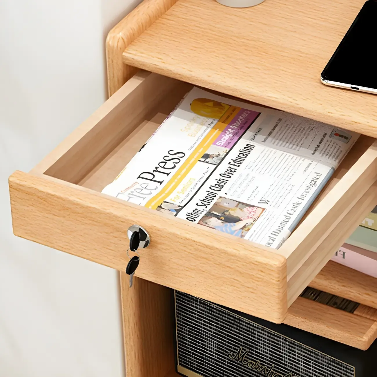 Scandinavian Narrow Lockable Wood Nightstand with Storage Image - 4