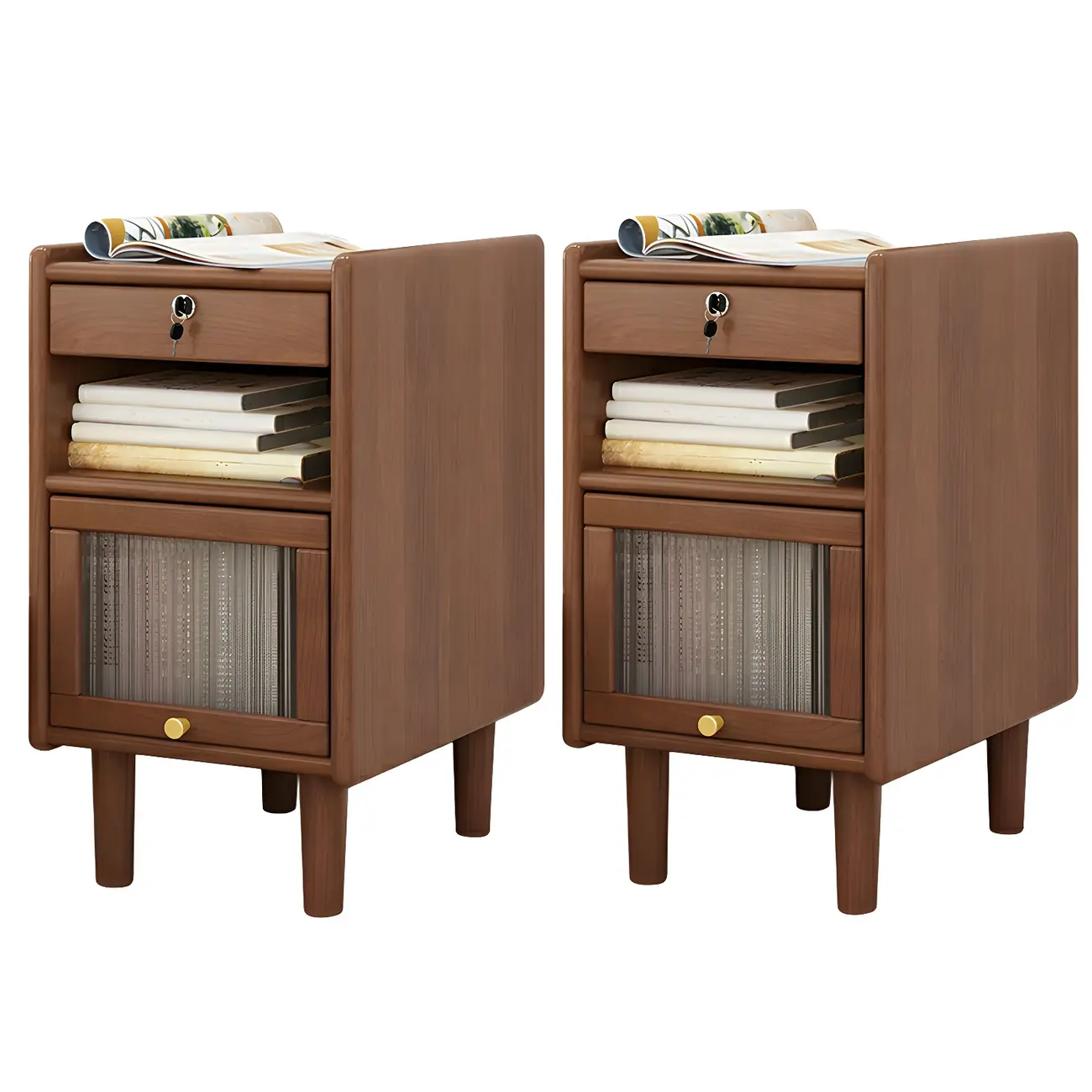 Scandinavian Narrow Lockable Wood Nightstand with Storage Image - 15 | homeyfad