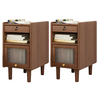 Scandinavian Narrow Lockable Wood Nightstand with Storage Image - 15