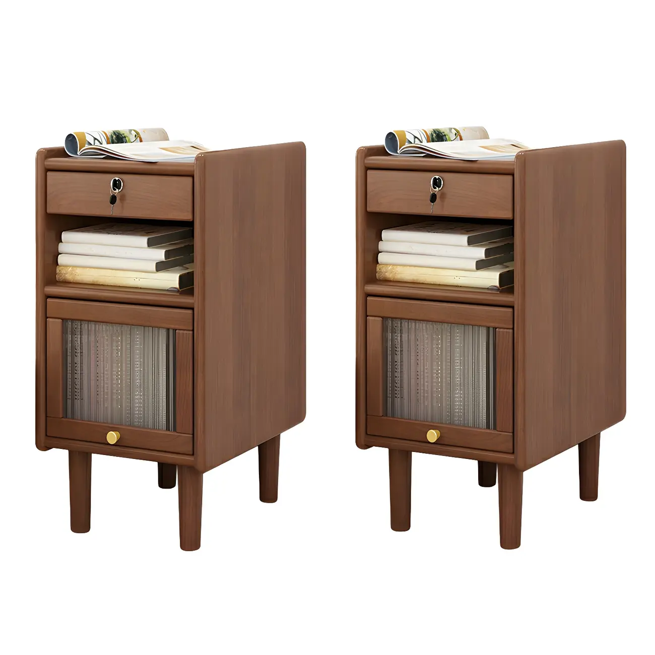 Scandinavian Narrow Lockable Wood Nightstand with Storage Image - 16 | homeyfad