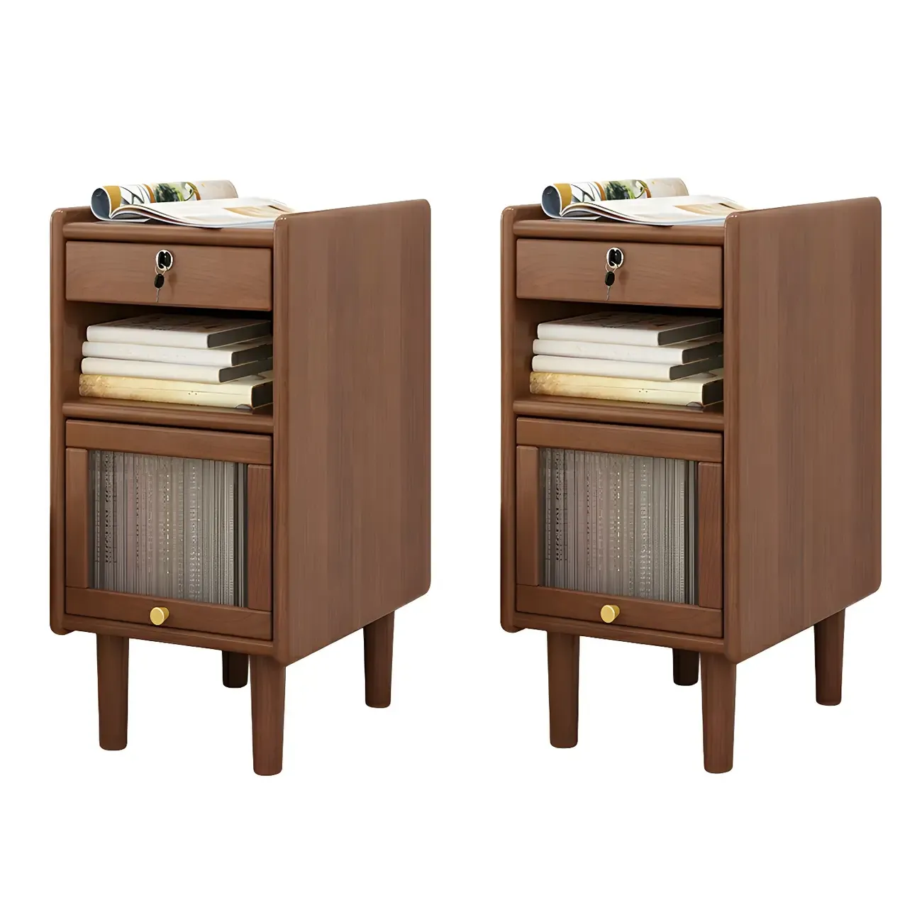 Scandinavian Narrow Lockable Wood Nightstand with Storage Image - 16