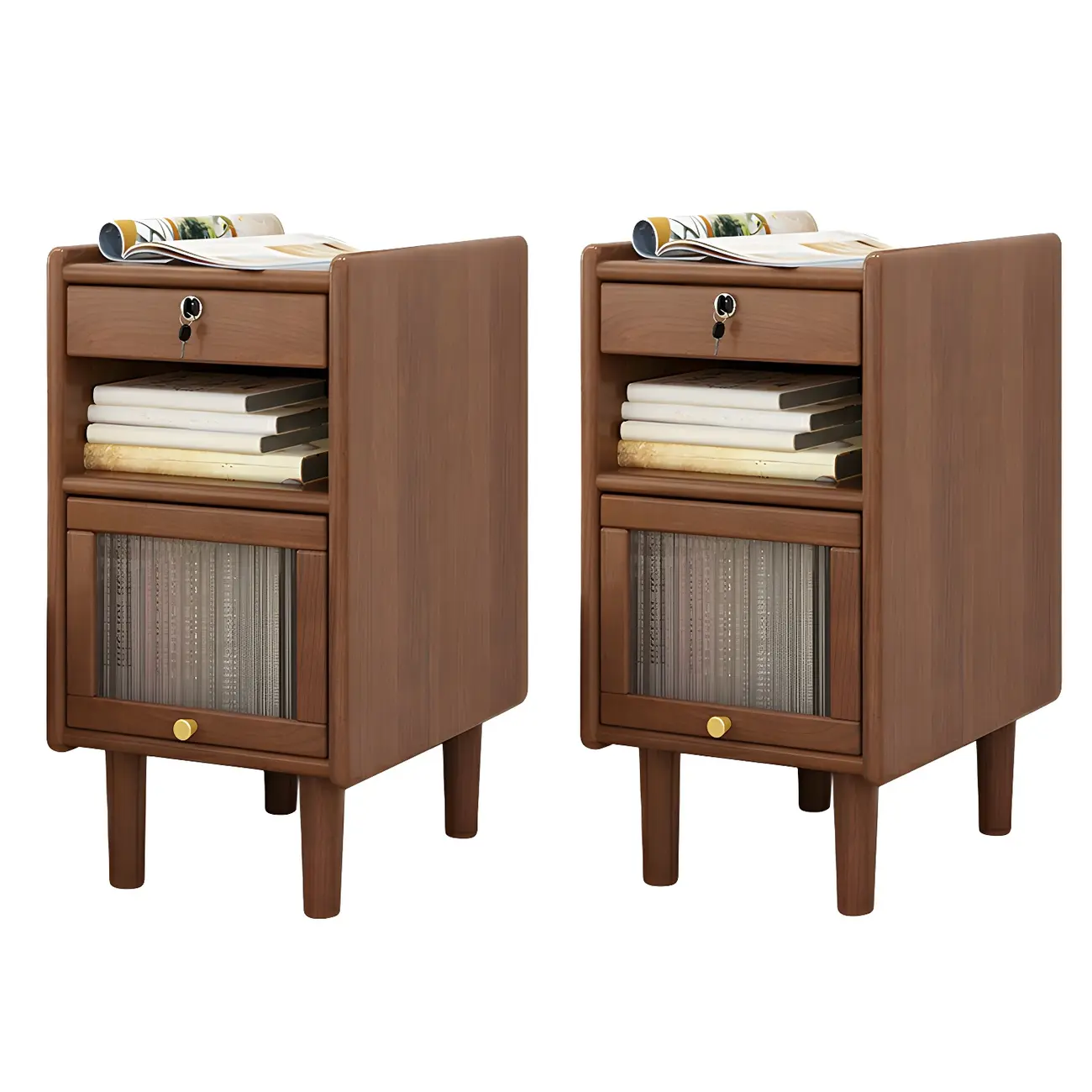 Scandinavian Narrow Lockable Wood Nightstand with Storage Image - 17 | homeyfad