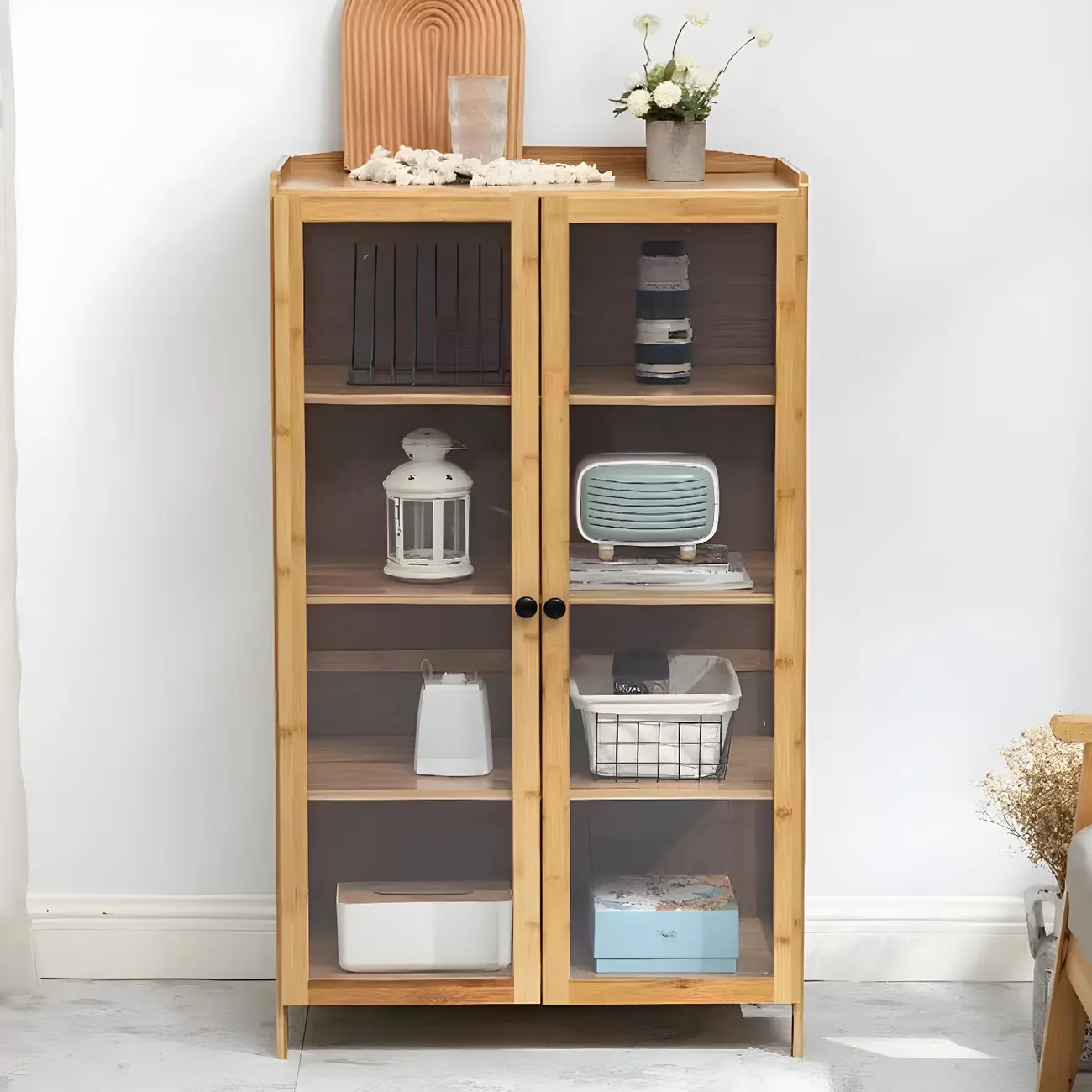 Brown Bamboo Curio Display Cabinet with Glass Door Image - 1 | homeyfad