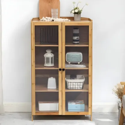 Brown Bamboo Curio Display Cabinet with Glass Door Image - 1