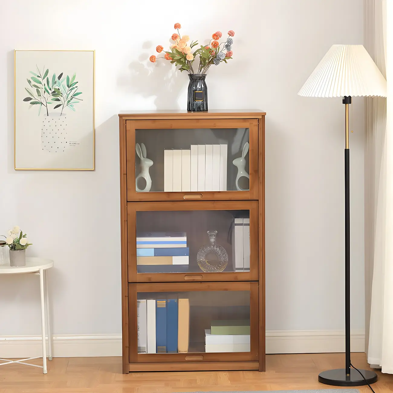 Brown Bamboo Curio Display Cabinet with Glass Door Image - 3 | homeyfad