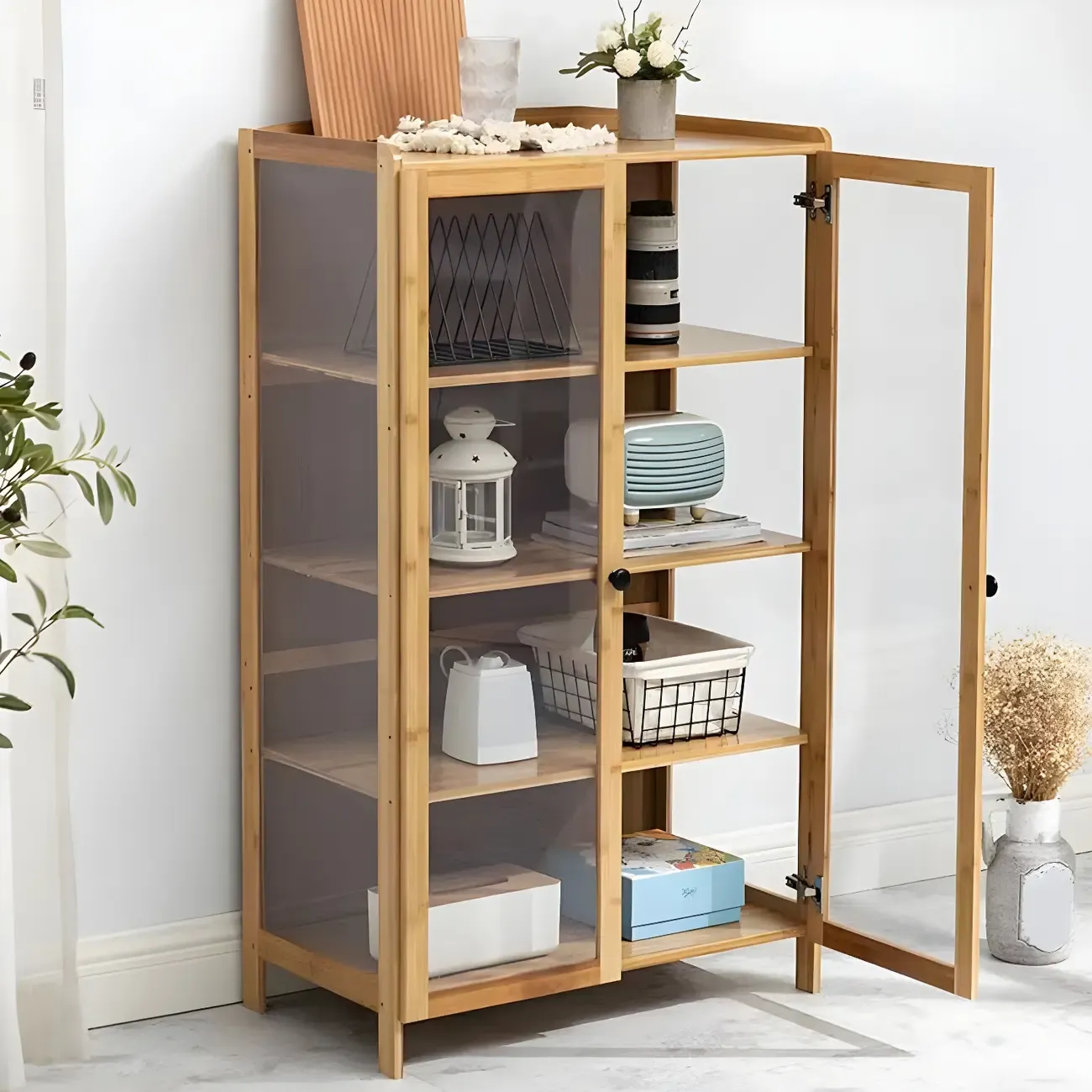 Brown Bamboo Curio Display Cabinet with Glass Door Image - 4