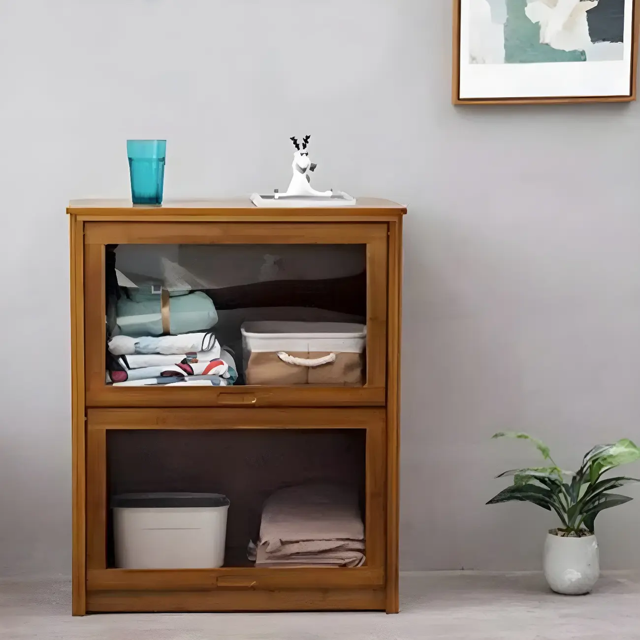 Brown Bamboo Curio Display Cabinet with Glass Door Image - 15 | homeyfad