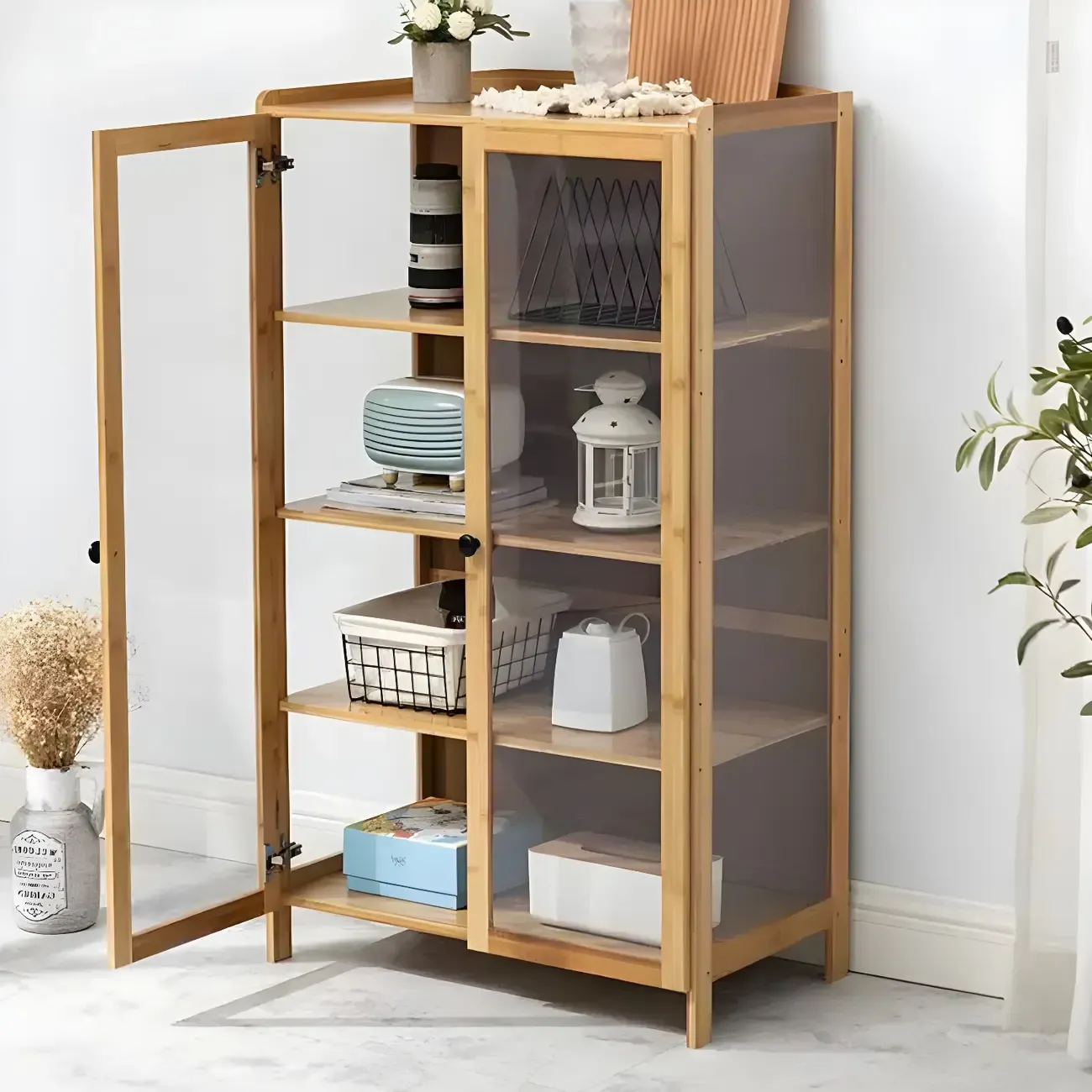 Brown Bamboo Curio Display Cabinet with Glass Door Image - 16