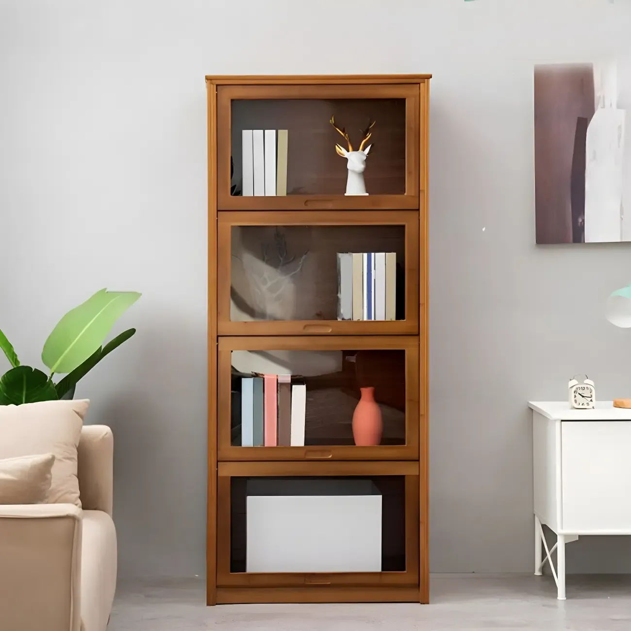 Brown Bamboo Curio Display Cabinet with Glass Door Image - 17