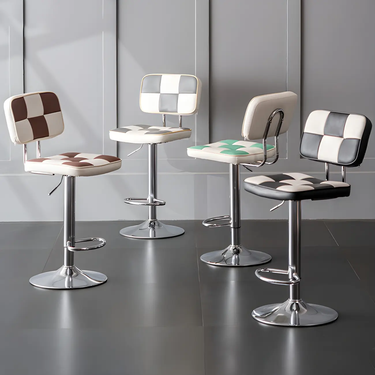 Checkered Leather Square Adjustable Swivel Bar Stool Image - 1 | homeyfad